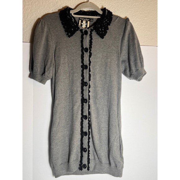 Vintage Twelve By Twelve Gray Knit  Black Lace Collar Button Down Mini Dress - Picture 1 of 9